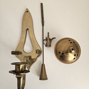 SOLD Vintage Brass Lyre Wall Sconce Set with Snuffer & Miniature Dallah